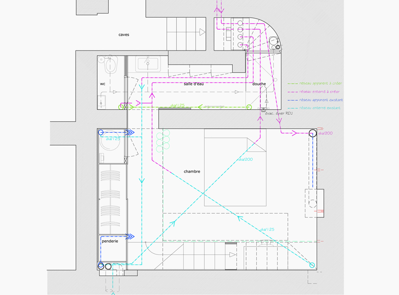 plan studio sous-sol, double flux
